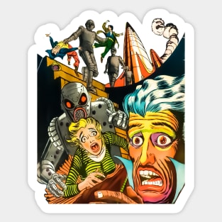 Scary Face Robots Attack Rocket Science Fiction Space Adventures Extraterrestrial Invasion Retro Comic Vintage Old Cartoon Sticker